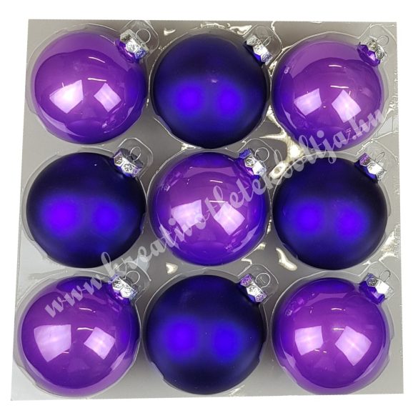 Karácsonyfadísz, üveggömb, viola lila, fényes/matt, 10 cm, 9 db/doboz