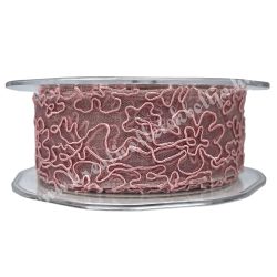   Organzaszalag, drótos szélű, virág mintával, rózsaszín, 4 cm