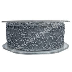   Organzaszalag, drótos szélű, virág mintával, szürke, 4 cm