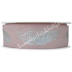 Szalag, toll mintával, rózsaszín-ezüst, 2,5 cm