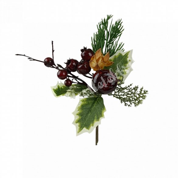 Beszúrós fenyőág bordó almával, 22 cm