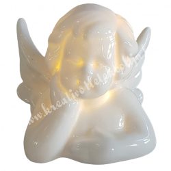 Led-es porcelán angyal, gondolkodó, 7x7 cm