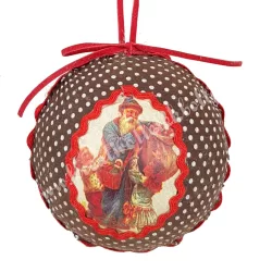   Akasztós dísz, barna gömb, fehér pöttyökkel, mikulással, 8 cm