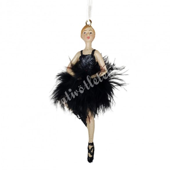 Akasztós balerina tollas ruhában, fekete, 4x12 cm