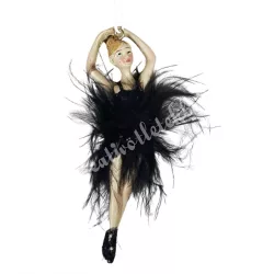 Akasztós balerina tollas ruhában, fekete, 4x12 cm