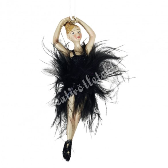 Akasztós balerina tollas ruhában, fekete, 4x12 cm