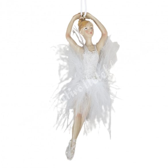 Akasztós balerina tollas ruhában, fehér, 4x12 cm