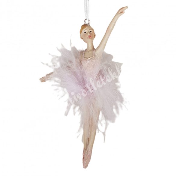 Akasztós balerina tollas ruhában, mályva, 10x12 cm