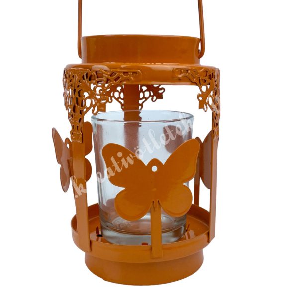 Akasztós mécsestartó üvegbetéttel, narancssárga, 8x12 cm