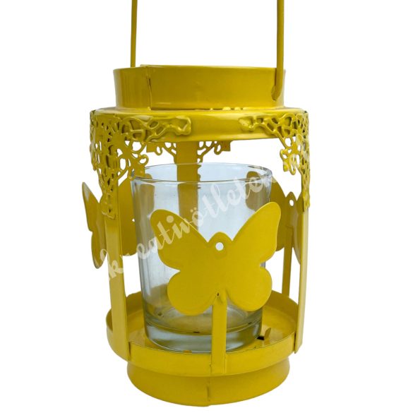 Akasztós mécsestartó üvegbetéttel, sárga, 8x12 cm