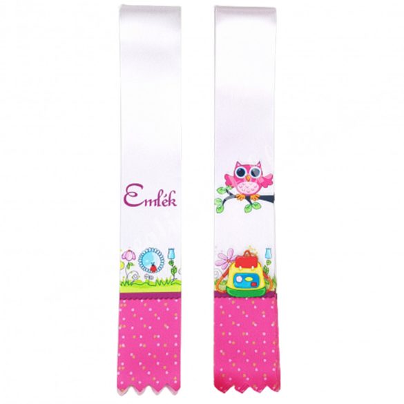 Ballagó szalag, bagollyal és iskolatáskával, "Emlék" felirattal, 4 cm
