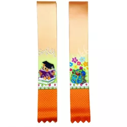   Ballagó szalag, bagollyal és iskolatáskával, "Emlék" felirattal, 4 cm