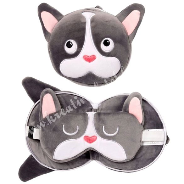 Plüss utazópárna szemmaszkkal, francia bulldog, 17x16 cm