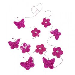 Pillangó-virág girland, glitteres-strasszos, pink, 180 cm