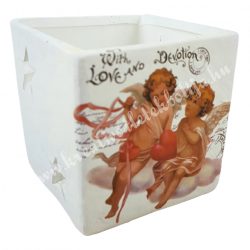   Kerámia mécsestartó, angyalkás, szögletes, fehér, 6x6x6cm