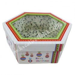   Díszdoboz, ablakos, 6 szögletű, karácsonyfa gömbös, 26x9 cm