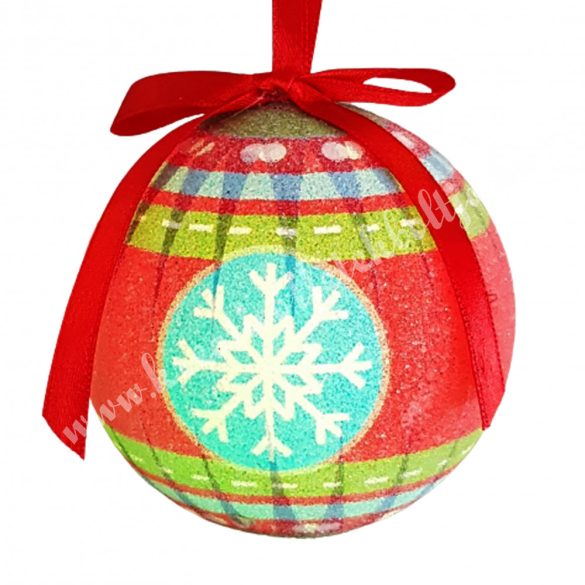 Karácsonyi gömb, váltakozó LED világítással, piros-hópelyhes, 8 cm