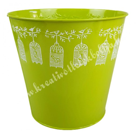 Fém kaspó, kalitkákkal, zöld, 15,5x15 cm