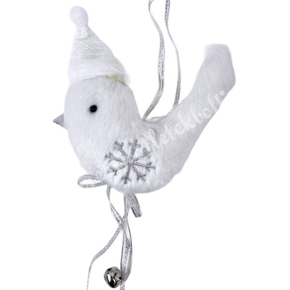 Textil madárka, hópehellyel, csengettyűvel, 11x12 cm