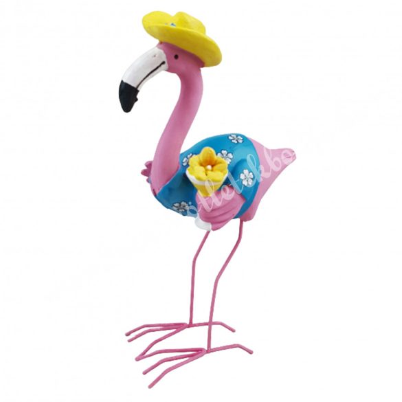 Polyresin flamingó, sárga kalappal, 12x21 cm