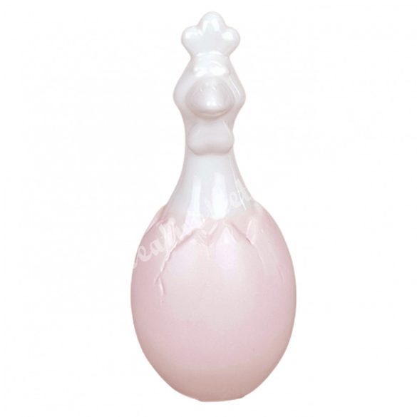 Porcelán tyúk, rózsaszín tojásban, 7x15 cm