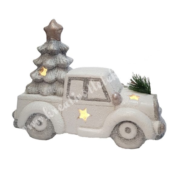 Havas autó karácsonyfával, led világítással, 34x25 cm