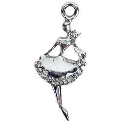 Fémmedál, strasszos balerina, platina, 1,5x3,5 cm