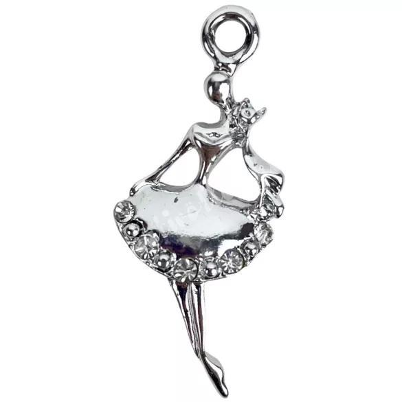 Fémmedál, strasszos balerina, platina, 1,5x3,5 cm