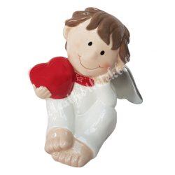 Kerámia angyal ülő, fehér ruhában, szívvel, 8x10,5 cm