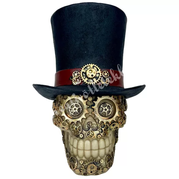 Polyresin steampunk koponya, 14x16,5 cm