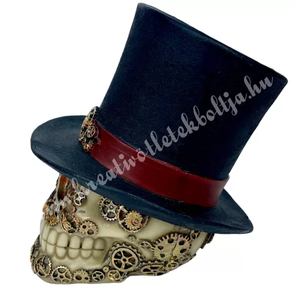 Polyresin steampunk koponya, 14x16,5 cm