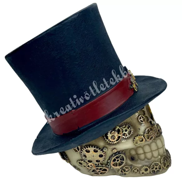 Polyresin steampunk koponya, 14x16,5 cm