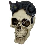 Polyresin koponya fekete macskával, 9x14,5 cm