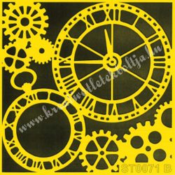 Stencil 308., órák, fogaskerekek, 16x16 cm