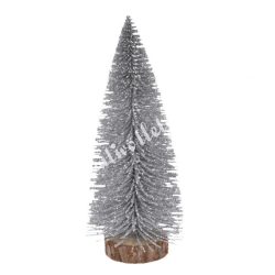 Ezüst mini fenyőfa, glitteres, fa talpon, 8 cm