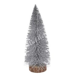 Ezüst mini fenyőfa, glitteres, fa talpon, 8 cm, 10 darab