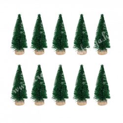   Zöld mini fenyőfa, glitteres, fa talpon, 10 cm, 10 db/csomag