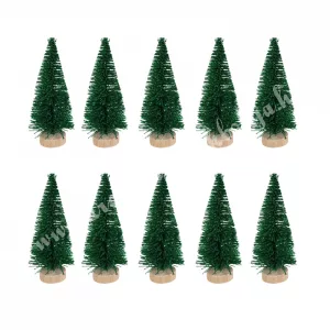 Zöld mini fenyőfa, glitteres, fa talpon, 10 cm, 10 db/csomag
