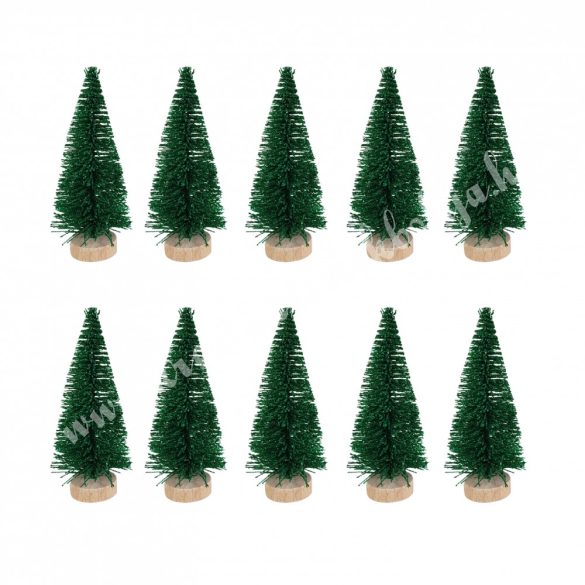 Zöld mini fenyőfa, glitteres, fa talpon, 10 cm, 10 db/csomag