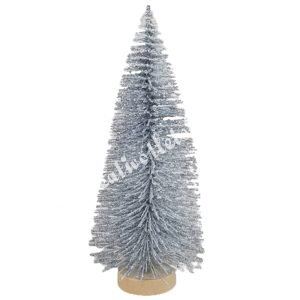Ezüst mini fenyőfa, glitteres, fa talpon, 10 cm