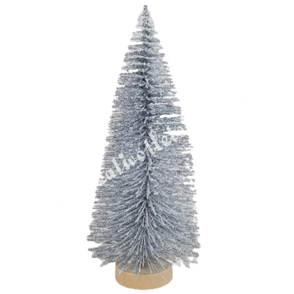 Ezüst mini fenyőfa, glitteres, fa talpon, 10 cm