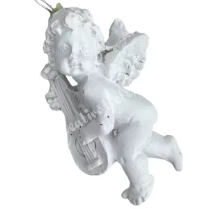 Akasztós polyresin angyal lanttal, fehér, 2,5x4 cm 