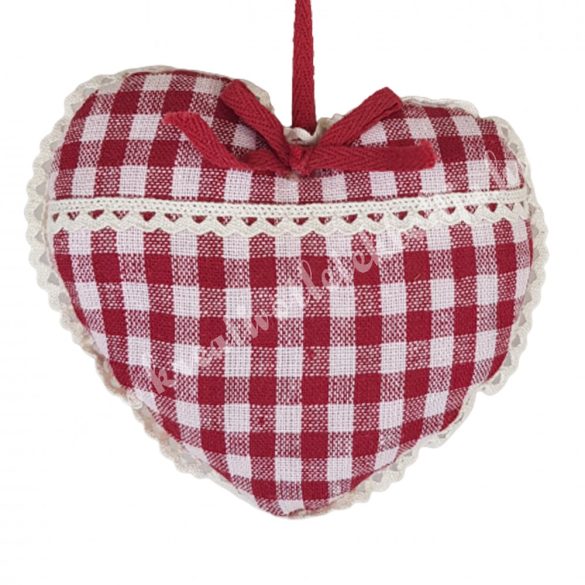 Akasztós textil szív, piros kockás, 13x11,5 cm