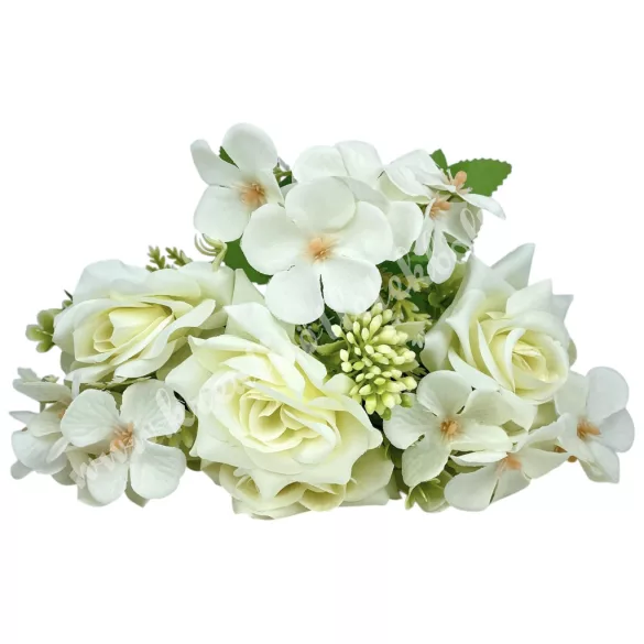 Rózsa-hortenzia csokor, fehér, 30 cm