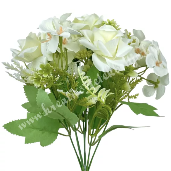 Rózsa-hortenzia csokor, fehér, 30 cm