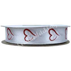 Szatén szalag, szív, fehér-piros, 16 mm