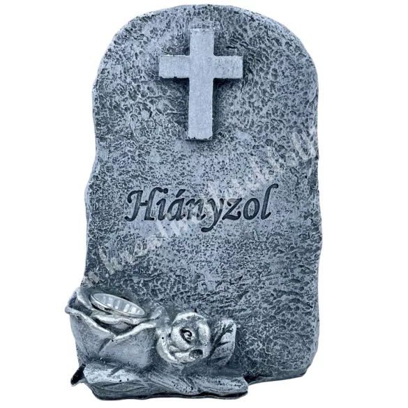 Polyresin sírkő kereszttel, napelemes, 9x13 cm