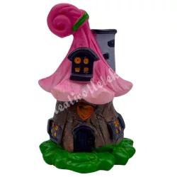 Polyresin házikó, rózsaszín tetővel, 4x6 cm