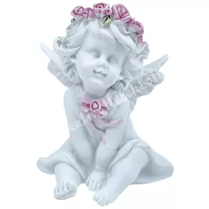 Polyresin angyal, virágkoszorúval, 5x6 cm