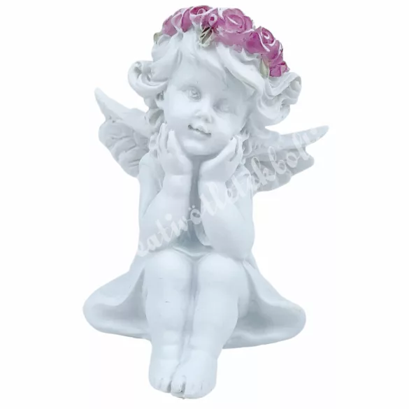 Polyresin angyal, virágkoszorúval, 5x6 cm